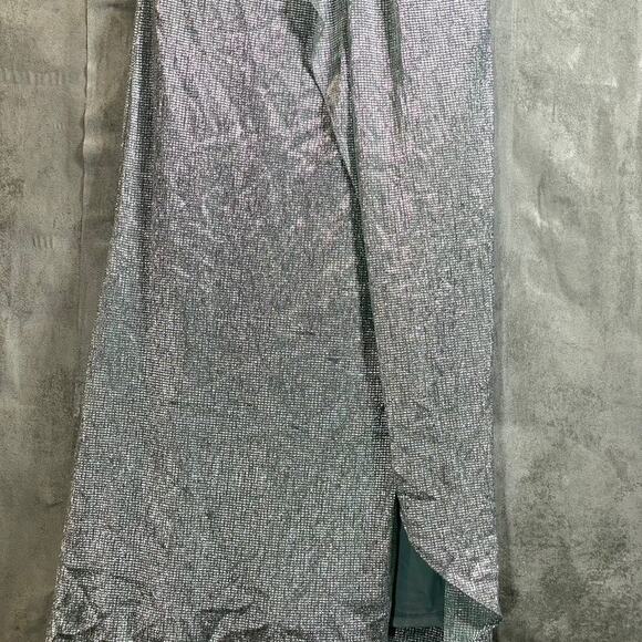 ADRIANNA PAPELL Women's Sea Glass Metallic Mesh Twist Short Sleeve Maxi Gown SZ6 - Picture 9 of 14